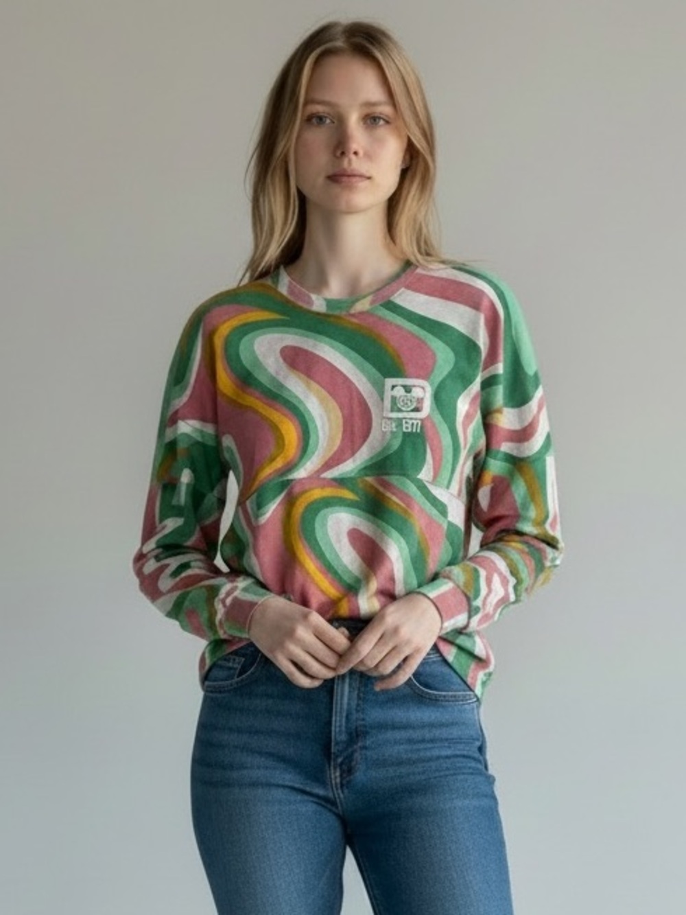 Disney Parks Spirit Jersey Oversized Medium Retro Swirl Long Sleeve Pullover